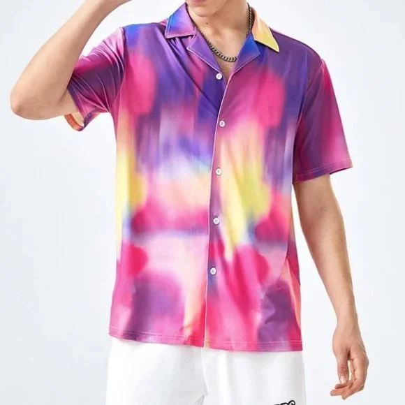 Purple Vacation Style Men's Tie Dye Shirt - Picture 3 of 4